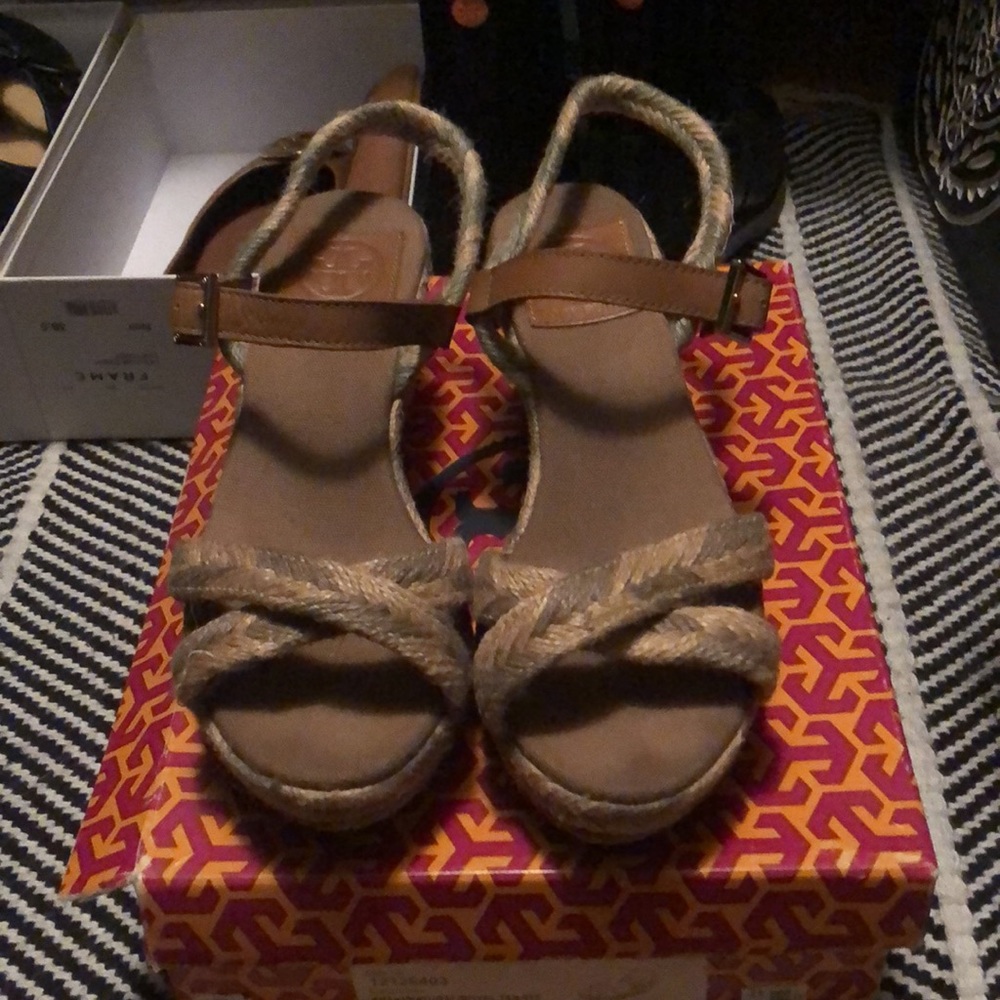 Tory Burch Khaki/Royal Tan Camelia Mid Wedge Espadrille Sz 8 - Picture 3 of 6